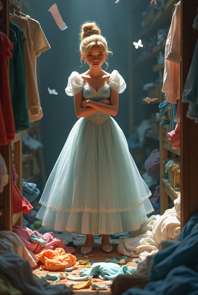 Realistic Cinderella clatter clauses she is surrounded by clothes and is *looking frustrated *