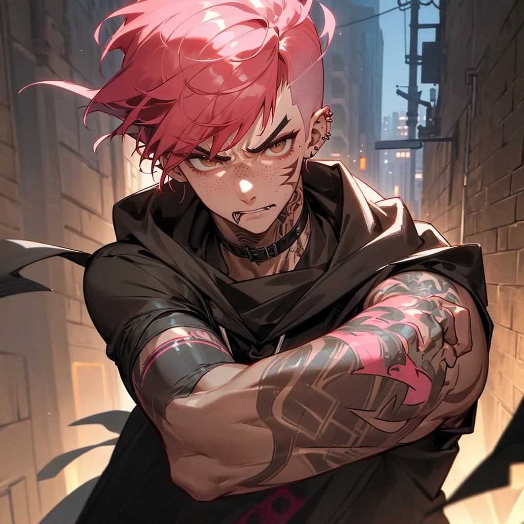 arcane style, (1 man), handsome, cropped hooded jacket, dark red jacket with black details, tattoo on arm, asymmetrical bangs, band-aid, short hair (shaved on one side), bangs freckles, light brown eyes, muscular man, looking at viewer, tattoo on neck, piercing in nose, pink hair, scar, scar on face, solo, tattoo on face, detailed background, city, alley, dark alley, night, angry, close-up, mouth closed, , ((masterpiece)), masculine face,