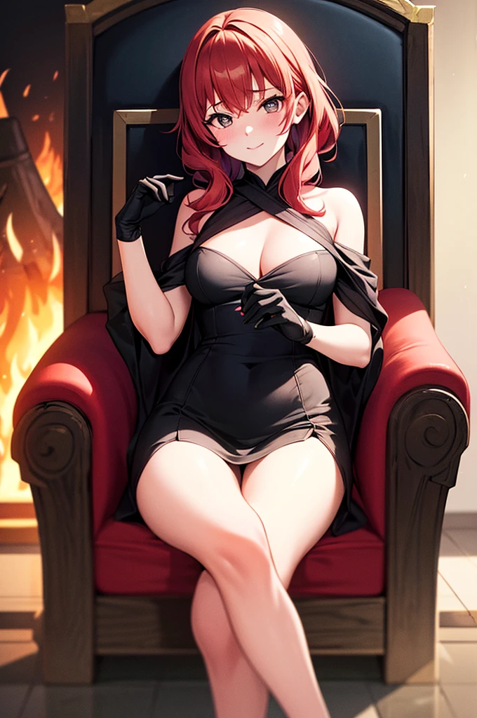best quality, 8k , super fine illustration, extremely detailed CG ,masterpiece,
beautiful anime style woman ,25 years old
Smile, blush, medium breasts, Medium Hair、Red hair、(Queen of Fire:1.5),Chair、豪華なChair、Sitting with legs crossed、Off-the-shoulder dress、gloves、Black costume、(indoor、cave:1.2、Lava field:1.2)
cowboy shot ,
telephoto lens,
slow shutter speed
,,
(pure color scene),
(best shadow),
,,
(natural light),
,,
(natural reflection),