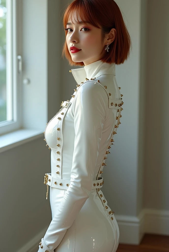 Highest quality, Photorealistic, alone, Stand upright, (White latex material&Punk-style outfit featuring rivets)、(White genuine leather long boots、Knee-length)、(Shortcuts)、Earrings、double eyelid, (eyelash:0.7)、Lip gloss, (smile:1), ((close your eyes:0.85)), ((Watching the audience))、(Normal breasts)、(Whole body image)、8Head and Body、((Are standing)), (short hair of reddish-brown color wet and shiny,),Red Mouth,clavicle、Full body portrait、Digital illustration, (Photorealistic:1.3),(Raw photo) Black Hair, Solid circle eye, light smile, Brown Hair, short hair, Bobcut, Eyes Wide Open, Surrealism, Cast a Shadow, Anaglyph, Stereogram, tachi-e, throw, Atmospheric Perspective, Cinematic lighting, f/2.8, Nikon, 8k, Super detailed, Accurate, Highest quality, Textured skin, Anatomically correct, masterpiece ,masterpiece,Highest quality, (1. Mature Woman、36 years old), double eyelid,Lip gloss, (smile:1), ((close your eyes:0.85)),Red Mouth,clavicle, ((Watching the audience)),(short hair of reddish-brown color wet and shiny,),Hotel Rooms、(Whole body image)、8Head and Body、(机の前にAre standing)、