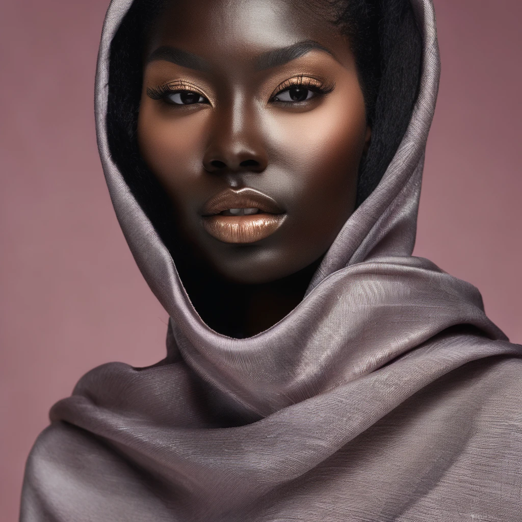 A close-up of a model with her face covered in {element} that wraps gracefully around her head, creating an {impression} effect. The eyes are {eye characteristic}, radiating {emotion}. On the lips is {makeup color and type}, contrasting with {skin color}. Around the face is {hair description}, which {hair movement}. On the neck is {necklace description}, creating a {feeling} sensation. In the background appears {description of object in background}