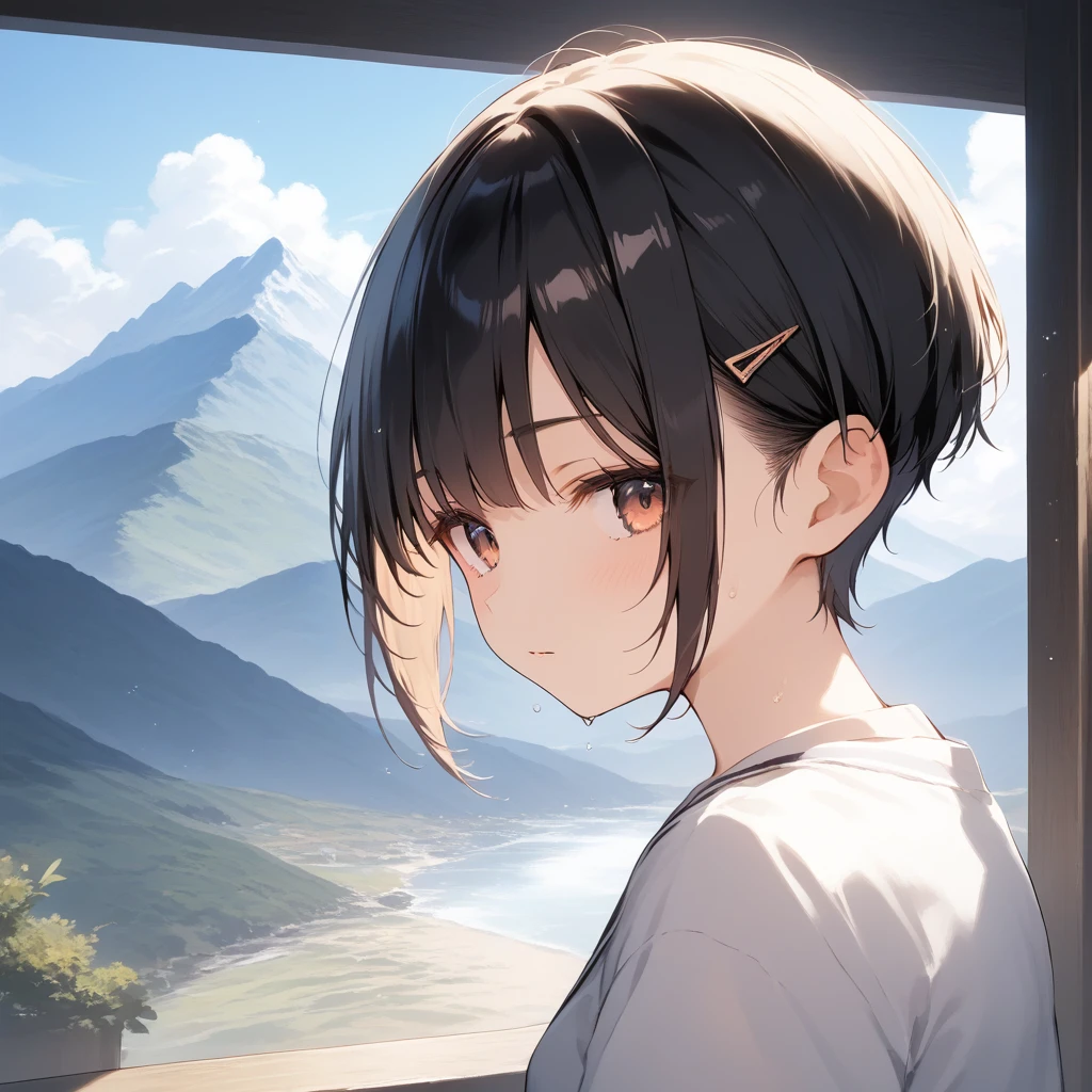 score_9, score_8_up, score_7_up, source_anime, best quality, masterpiece, official art, absurdres, highres, ultra-detailed,waifu2x,Collection: Pixiv 1000,break,1girl, school girl, very short hair, pixie cut, small breasts, slender, thighs, beautiful detailed eyes, expressionless, sweat, sleepily, (disgust:0.3), mountain, outdoors, break,(clear line illustration:1.2), super detailed skin, shiny skin, very high resolution, very aesthetic, Best sexual lighting powered by famous artist, 4k, 8k, 16k, cute picture, beauty illustration,photoshop_(medium),,(Detailed Lighting),best anime 8k konachan wallpaper, pixiv contest winner,