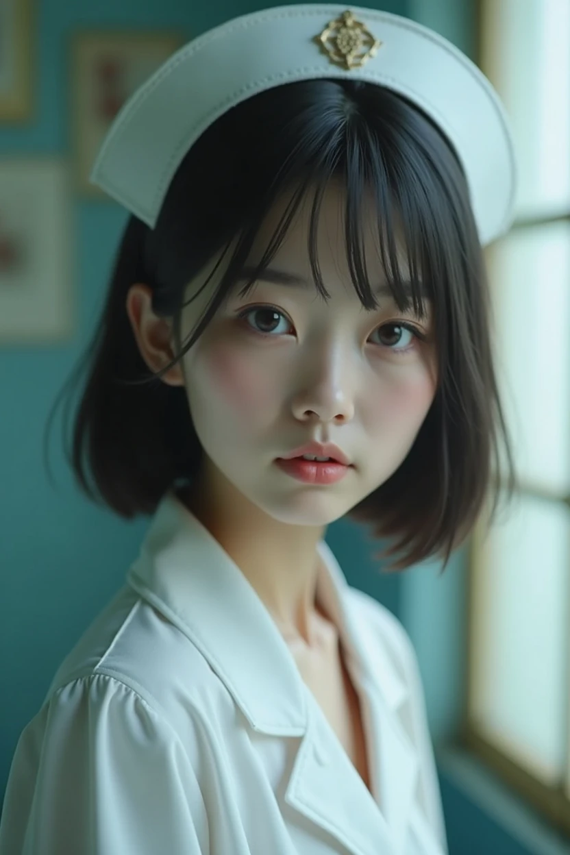 (1 girl)、(Beautiful Japanese、18-year-old,Round face、refresh、clear、Seems kind、stylish、Pathetic、cute like an angel、cute、Iris、,actress,Almond-shaped eyes,Translucent white skin、Beautiful Skin), (((Good style))) , (((Beautiful big boobs:1.2))),(((Soft Breasts))),(very cute),(Black Hair),(Short Bob Hair),(Captivating eyes),(Eye highlights:1.2)、(8k、Live Shooting、Highest quality、masterpiece:1.2、Optimal Lighting)、((masterpiece)),(Photos taken by a professional photographer),(Genuine、photo Genuine:1.4),break,{ (White nurse costume),(((Traditional Nurse Uniform)))},(tears:1.0))(Red cheeks:1.4), break, break,Abandoned old hospital,Face shot:1.3、View your viewers, Face close-up,look up、(Cleavage:1.6)、smile,weak々Funny face,From below,(((Dynamic Angle)))