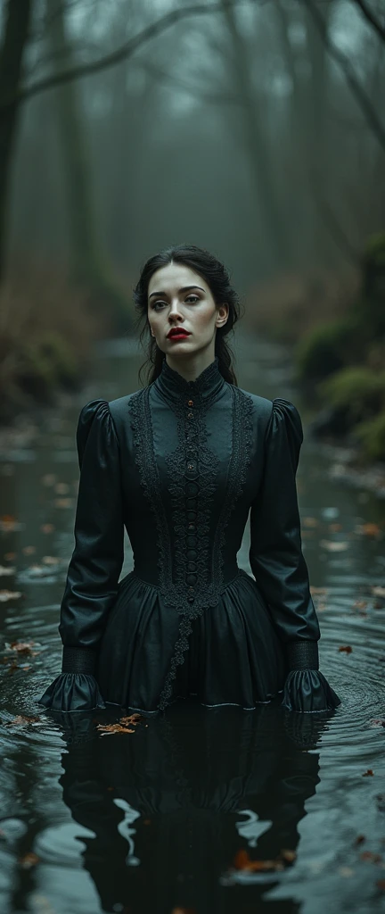 19 century setting, drama, stuck in bog,detailed short high-neck closed dress, aristocratic cut, stockings with garters, red lips, goth