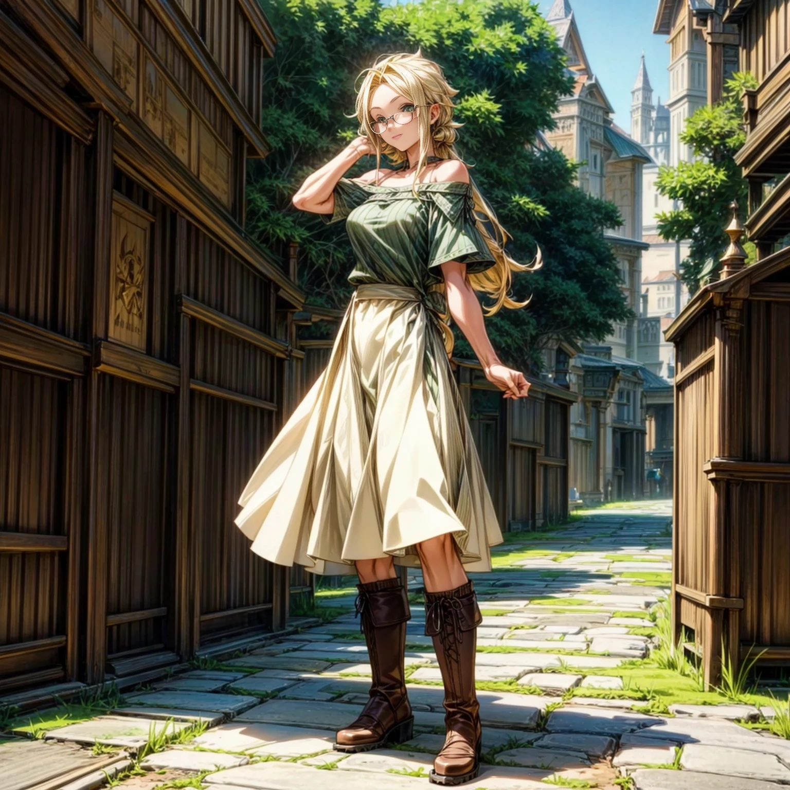 Solo character, full body version, young girl, muscle, green eyes, blonde color hair, long hair, casual clothing, bare shoulder clothing, boots, outdoor, town, medieval, morning, standing gesture, detailed background, detailed clothing, detailed hair, happy eyes, (food wars style art), (dragon ball style art), glasses, big breast 