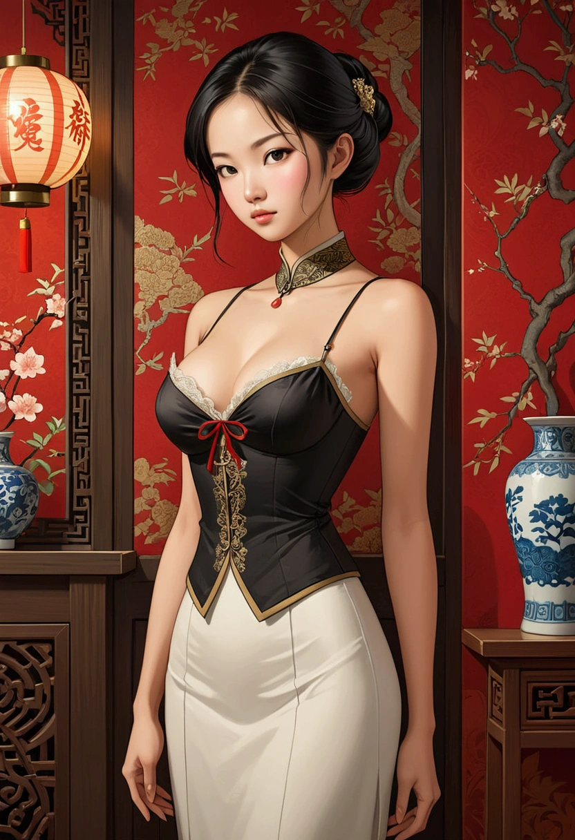 young asian woman, slender but with a prominent bust and with scant clothing 