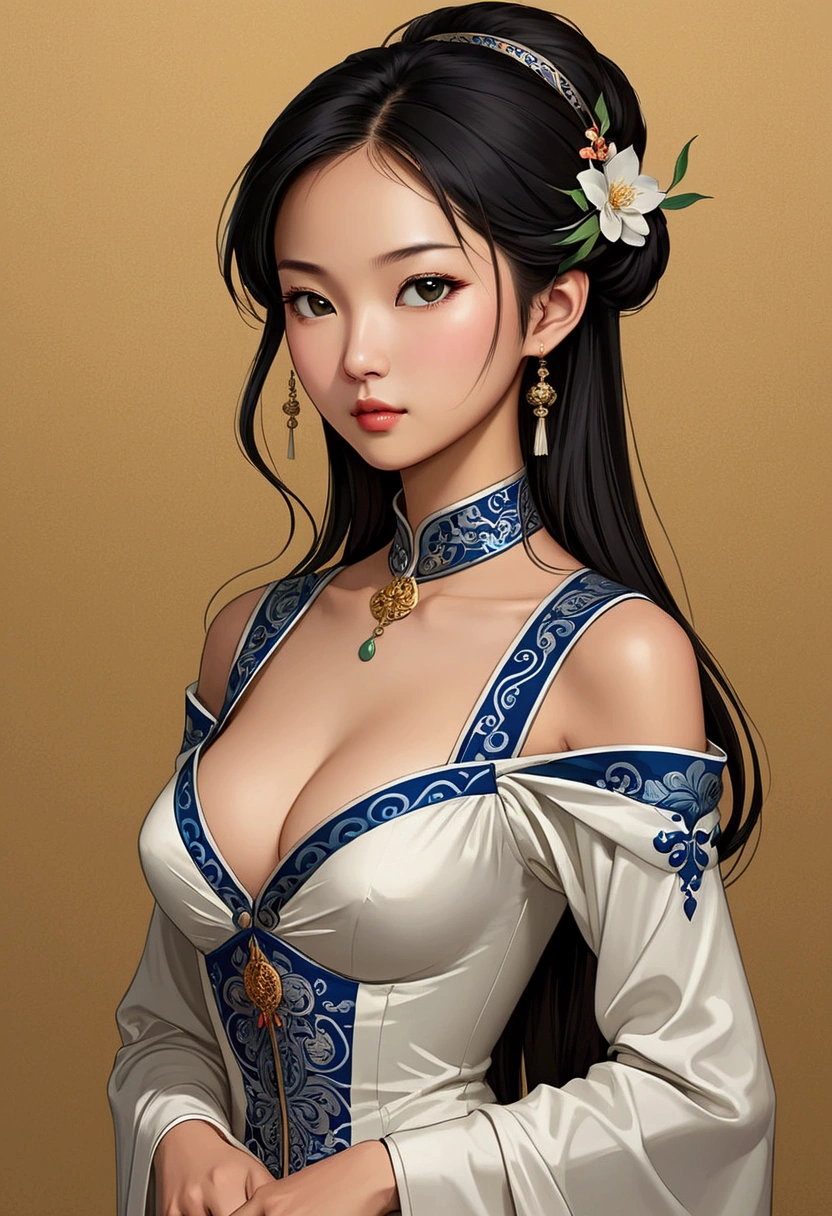 young asian woman, slender but with a prominent bust and with scant clothing