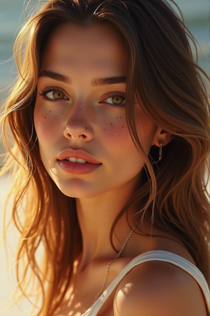 A beautiful Latina-style girl with blonde brown hair and freckles 