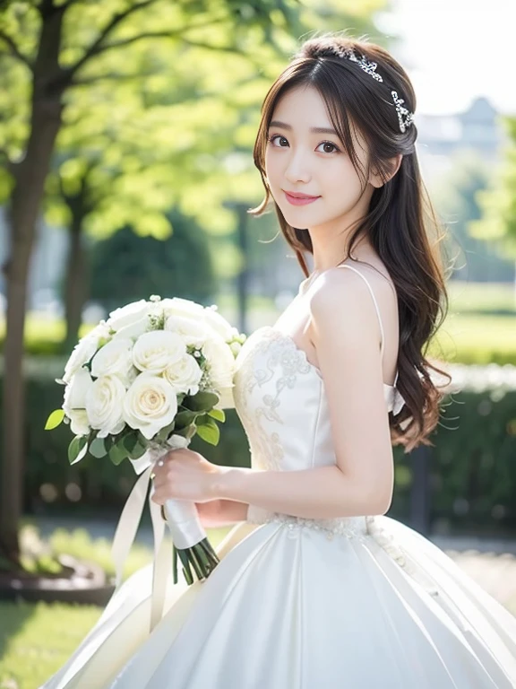Photo-realistic quality、a woman in a Wedding dress holding a bouquet of flowers、Standing in front of the church、20 year old Japanese model、白のWedding dress,Hanae Mori style wedding dress、Japan idols at 20 years old、lace prom dresses、looking at the camera、Detailed and beautiful eyes、Cute smile、Relaxed and gentle expression、a close up of a woman in a Wedding dress holding a bouquet, Wedding dress, So magical and dreamy、Blur the background a lot、300mm F2.Shot with 8 lenses
