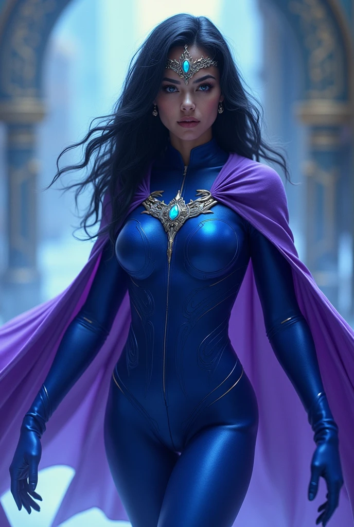 A girl with black hair Heroine, with light blue eyes, white, her suit is blue and her cape is violet, a diadem is described by her power of telepathy and passing through walls the character must be. Created full body