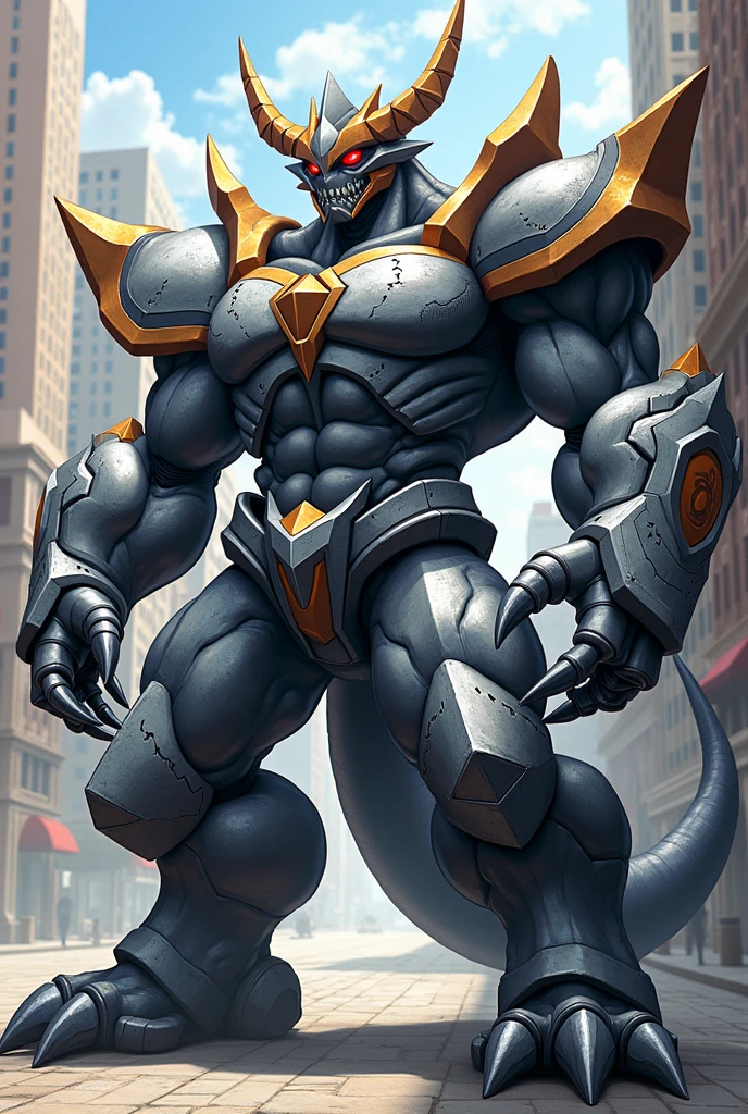 wargreymon big muscle (pecs, triceps, traps) unusually developed muscular body, (((Metal gauntlet with long claws, crotch armor, chest armor, dragon tail, red eyes))), arms raised into the air, city scenery, muscular male anthro, handsome, sexy, (masterpiece), (extremely detailed illustration), (soft shading), 8k,hi res, best quality, (massive body:1.6), (excessive huge muscle:1.6), (huge buff muscle:1.4), (veiny muscle:1.2, bulging biceps), perfect anatomy, (big muscles:1.3), thick arms, wide body, wide shoulders, thick arms, thick legs, big arms, big biceps, perfect hands, detailed hands, 5 fingers, detailed hands, good hands, perfect drawn hands, 4 toes, perfectly drawn toes, perfectly drawn feet, perfect anatomy, perfectly drawn, perfectly drawn head, perfectly drawn face, perfectly drawn eyes, detailed eyes, perfect eyes, thick arms, wide body, wide shoulders, thick arms, full body, (big muscle:1.3), good anatomy, (multicolored eyes, bright pupils, symmetrical eyes), detailed, nipples,hyper pecs, gigantic pecs, huge pecs, big pecs,r1ge,WARGREYMON ARMOR HELMET DIGIMON BANDAI NAMCO HORNS