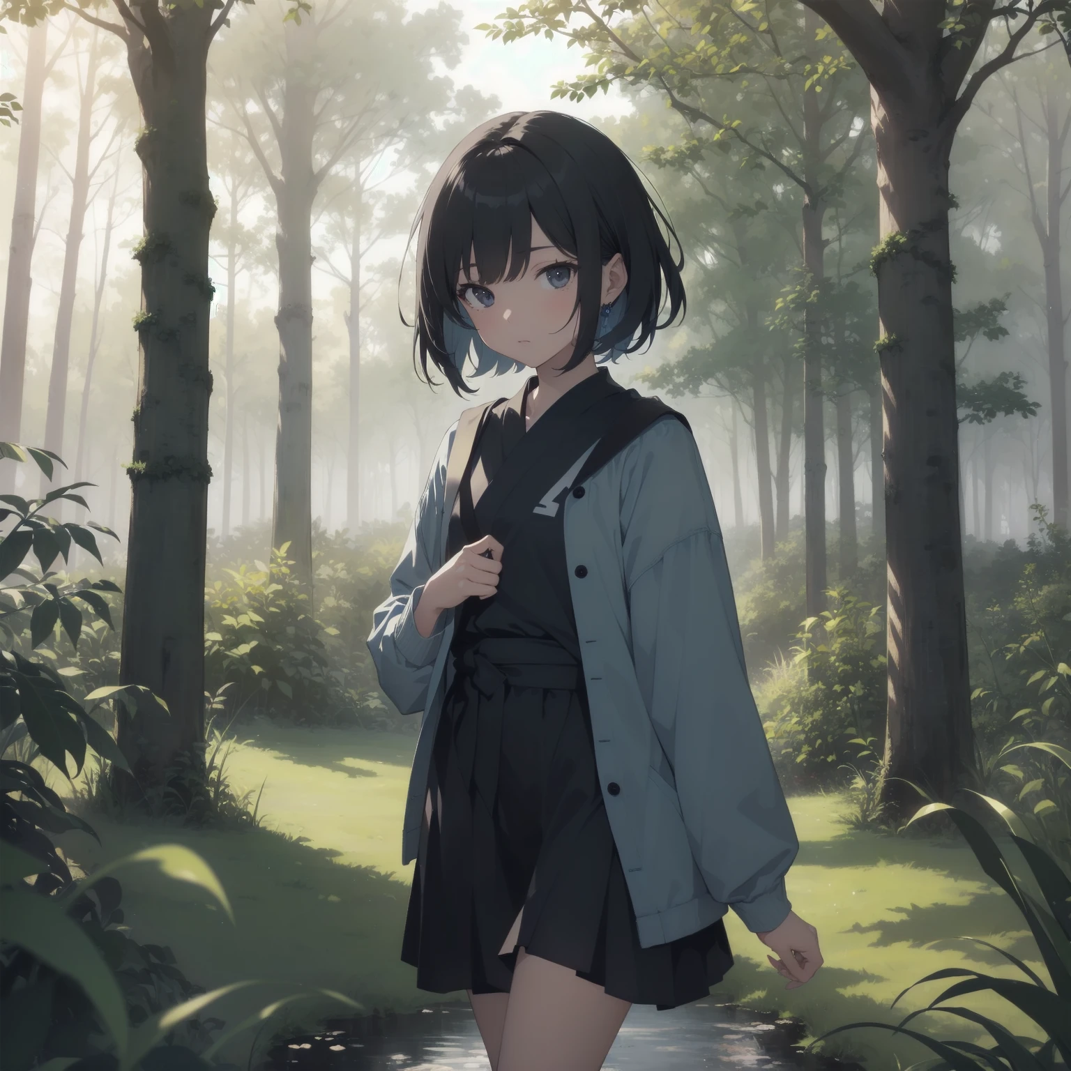 ultra-absurdres-Top quality by artist God, ultra-detailed, high resolution, anime moe artstyle, best anime 8k konachan wallpaper, pixiv contest winner, pool:2810, perfect anatomy,break, 1girl, ninja, (Please draw a ninja girl walking sleepily to forest alone. )break,(Solo,little female, -yeld:1.Full limbs, complete fingers,(very short hair), short cut, flat chest, , small butt, small black eyes, beautiful detailed eyes, well-proportioned iris and pupils, expressive eyes, highres detailed hair, soft expression, short kimono, scarf, (Detailed Lighting), (Detailed background), night, in the forest. break,super detailed skin, Best cinematic lighting powered by famous artist, 8k,beauty illustration,photoshop_(medium),very aesthetic,break,((artist:ishikei )), artist:clamp ,artist:carnelian ,artist:kantoku ,