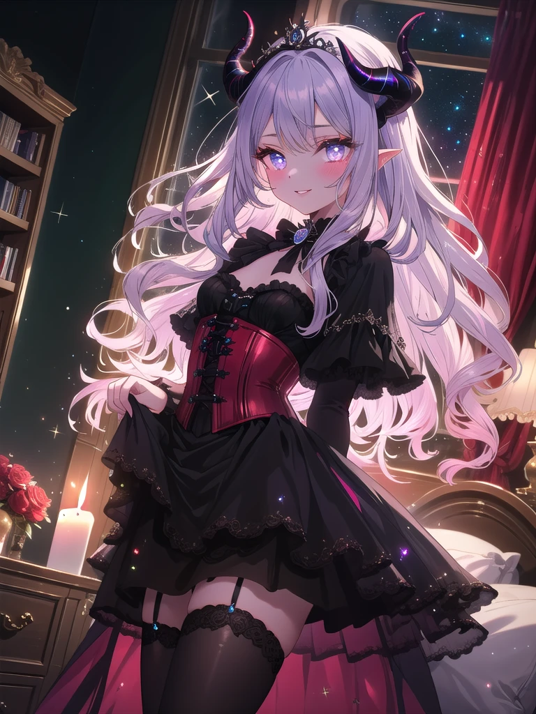 ((8k, Highest quality, masterpiece: 1.3)),Ultra-high resolution,(1 girl, alone), (Color changing eyes, Ultra-detailed, Expressive brilliance, Glitter, Glowing Eyes), Highly detailed eyes, Highly detailed face, Random Hair, ((pastel colour)),A sultry young woman with pastel lavender hair styled into soft waves, leaning against her bedpost in her dimly lit bedroom during a quiet evening. She is dressed in a provocative succubus cosplay, wearing a form-fitting black and red corset, thigh-high stockings, and a pair of small devil horns on her head. The camera captures her from a low angle as she gazes seductively at the camera, her lips curled into a teasing smile. The room is dark, with only the soft glow of candles illuminating the space, creating an intimate atmosphere with velvet curtains and plush cushions scattered around.