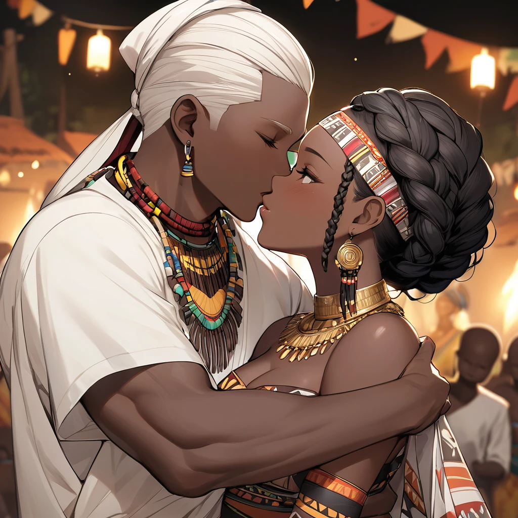 ((Highest quality)), ((masterpiece)), (detailed), （Perfect Face）、The woman is wearing the tribe's bridal attire and is deeply kissing the tribe's man while embracing him tightly as they celebrate their wedding.、The woman has bright black skin、（Ghana braids with strong curly hair slicked back）、Black, dark skinned, African native tribal woman、The amount of hair is small、Black Hair、Very short curly hair、Ghana braid hair, finely and delicately braided into Ghana braids and slicked back、Her hair is braided and thin, and she wears a tribal headdress and a tribal headscarf.、African black woman beautifully dressed in tribal clothing, tribal earrings and tribal accessories, wearing tribal makeup、A beautiful tribal woman with tattoos all over her body、Women in tribal village night rituals、The woman&#39;s hair is dyed black by the other women in the village and styled like an African woman&#39;s.