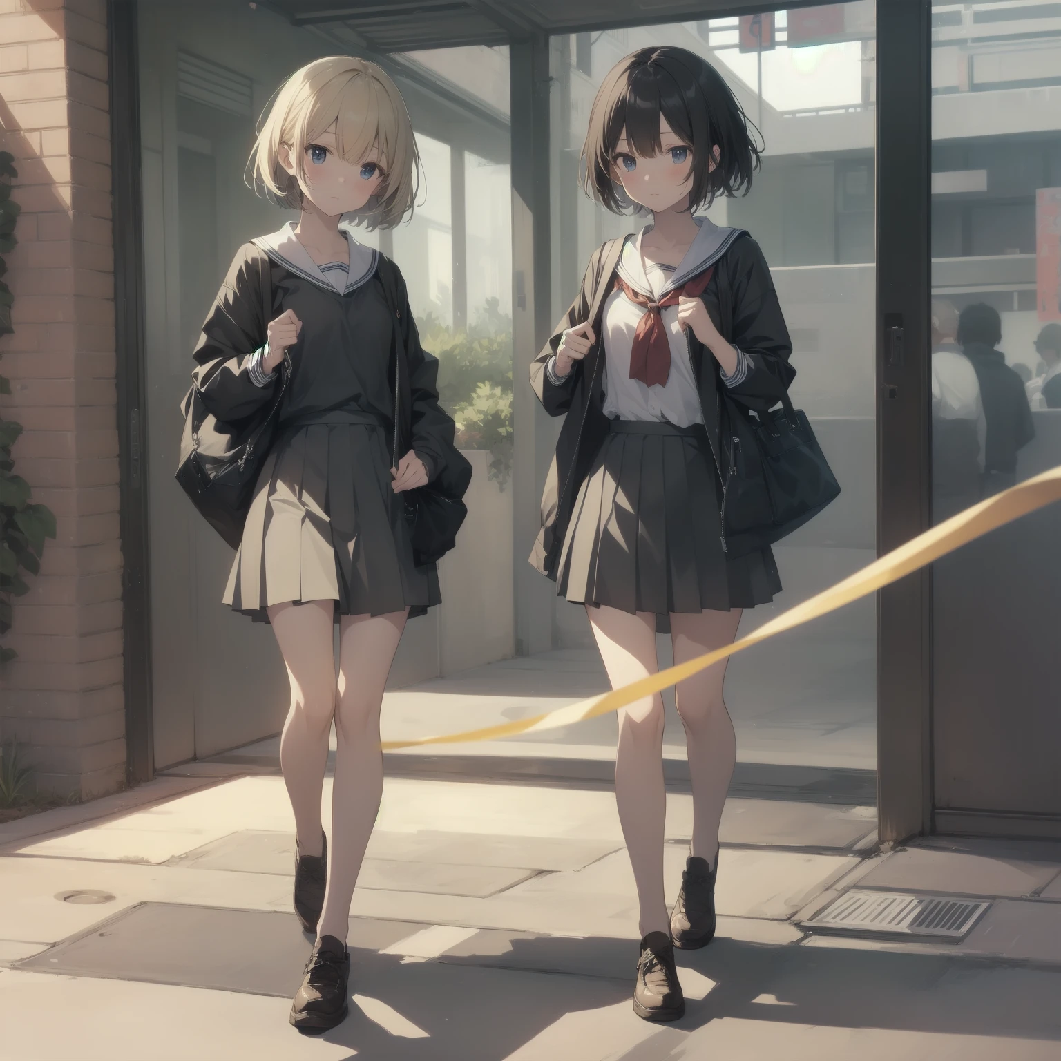 ultra-absurdres-Top quality by artist God, ultra-detailed, high resolution, anime moe artstyle, best anime 8k konachan wallpaper, pixiv contest winner, pool:2810, perfect anatomy,break, 1girl, (Please draw a girl walking sleepily to school alone. )break,(Solo,little female, 13-year-old:1.3),Full limbs, complete fingers,a junior high school student, (very short hair), short cut, flat chest, , small butt, small black eyes, beautiful detailed eyes, well-proportioned iris and pupils, expressive eyes, highres detailed hair, soft expression, salor school_uniform, sailor collar, serahuku, bow, pleated skirt,(Detailed Lighting), (Detailed background), in the School commute route. break,super detailed skin, Best cinematic lighting powered by famous artist, 8k,beauty illustration,photoshop_(medium),very aesthetic,break,((artist:ishikei )), artist:clamp ,artist:carnelian ,artist:kantoku ,