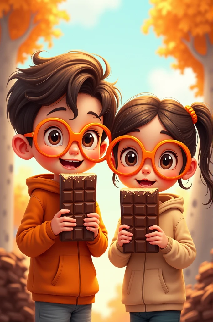 Cartoon of a boy and a girl with chocolate bars in their hands and orange glasses 