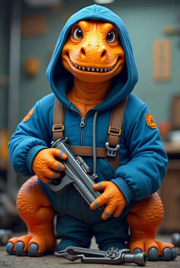 kind orange cartoonish trex in a blue hoodie engineer working mechanic