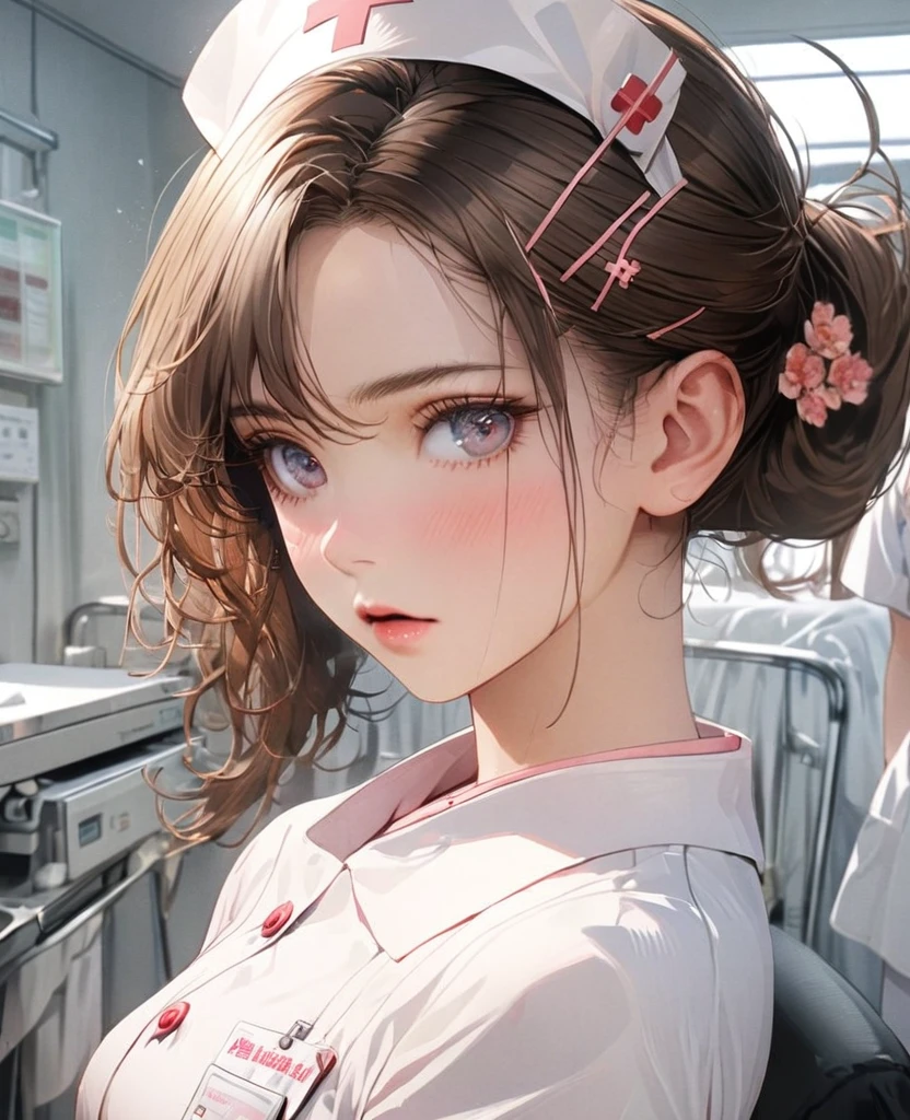 8k,Ephemeral beauty,Very delicate and beautiful,Beautiful and realistic skin,Beautiful brown hair、Tied Hair,Beautiful Eyes,good,hospital、Normal Nurse Uniform、