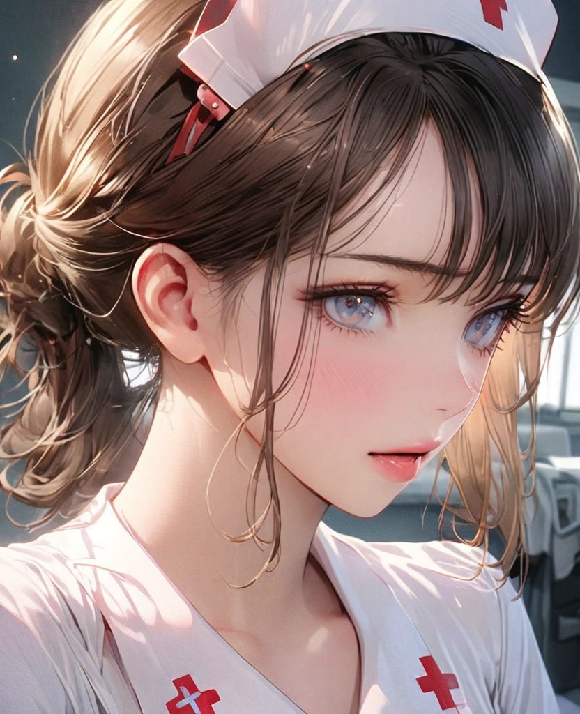 8k,Ephemeral beauty,Very delicate and beautiful,Beautiful and realistic skin,Beautiful brown hair、Tied Hair,Beautiful Eyes,good,hospital、Normal Nurse Uniform、