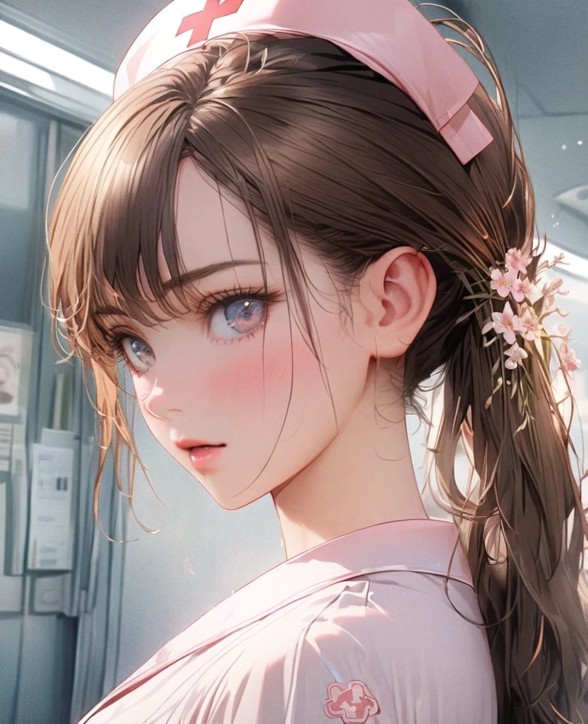 8k,Ephemeral beauty，Very delicate and beautiful,Beautiful and realistic skin,Beautiful brown hair、Tied Hair,Beautiful Eyes,good,hospital、Normal Nurse Uniform、
