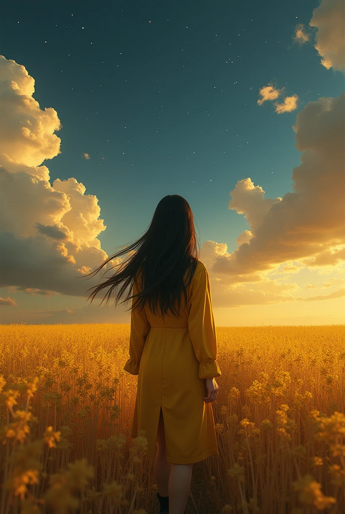 (Realisticity: 1.3), Fine, 品質, rembrandt lighting, (work of art: 1.2), (Realisticity: 1.2), (Best 品質), (fur details: 1.3), (intricate-detail), Dramatic, idyllic, ray tracing, 1 girl, chinese yellow, long black hair, 24 years old, modern clothing (louka, floor, clouds, fields, farms, starlight, Trails)