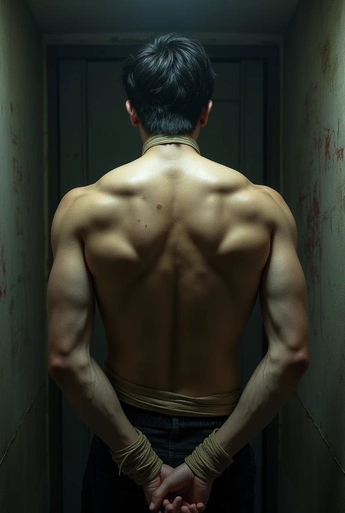 A handsome Japanese man with his hands tied behind his back and his mouth taped shut, facing backwards.