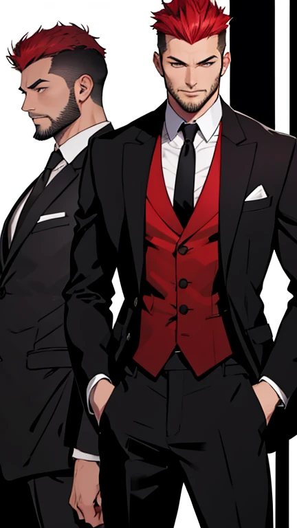 Short hair with spiky hairstyle、Black suit、Black tie、A young man with red hair, short and slender.、(((Stubble))),American Comics、