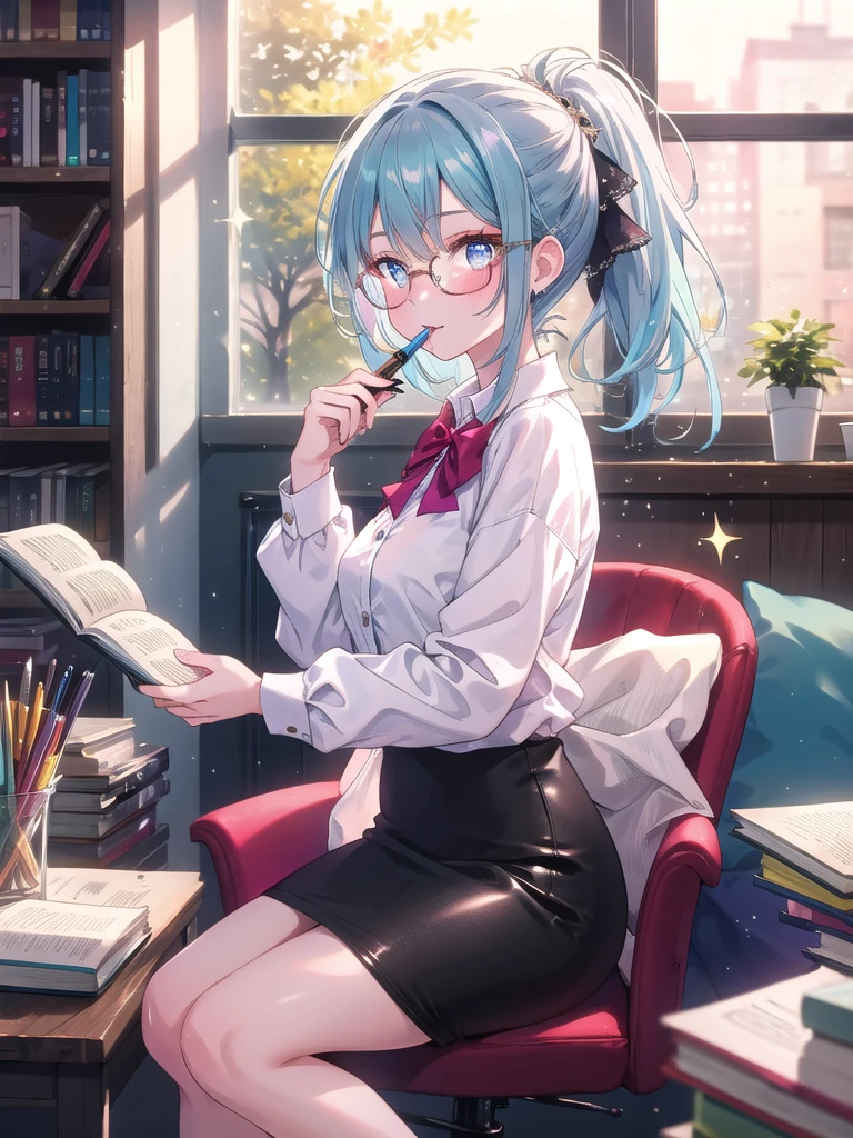 ((8k, Highest quality, masterpiece: 1.3)),Ultra-high resolution,(1 girl, alone), (Color changing eyes, Ultra-detailed, Expressive brilliance, Glitter, Glowing Eyes), Highly detailed eyes, Highly detailed face, Random Hair, ((pastel colour)),A confident young woman with pastel blue hair styled into a sleek ponytail, sitting on her bed in her cozy room during a late afternoon. She is dressed in a sexy librarian cosplay, wearing a tight pencil skirt, a white blouse with the top buttons undone, and a pair of glasses resting on her nose. The camera captures her from a side angle as she playfully bites the end of a pen, her expression a mix of flirtation and intellect. The room is filled with warm, natural light, with a bookshelf overflowing with books, a reading chair in the corner, and a few scattered papers on the bed, creating an atmosphere of seductive intelligence.