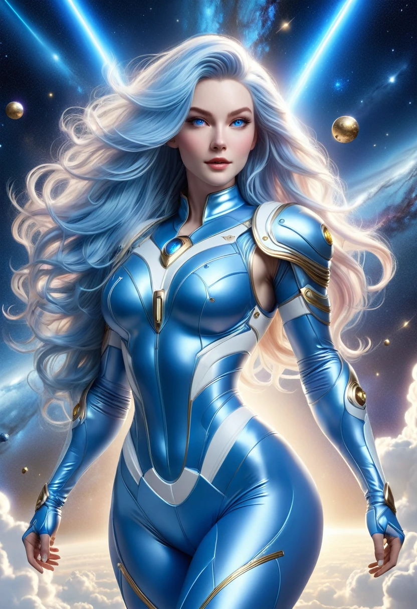 BOMBSHELL SHINING LIGHT BLUE HAIR VALKYRIE FLYING OUTERSPACE, PALE SKIN, LIGHT BLUE EYES, HIGH CHEEKBONES, ROSY CHEEKS, MENTAL FORAMEN, HUGE LONG HAIR, LIGHT BLUE JUMPSUIT LEOTARD ARMOUR, WHITE DETAILS, LONG ROYAL BLUE GAUNTLETS, ATHLETIC CURVY BODY, EXPOSED ARMS, DETAILED QUADRICEPS, MUSCLES, BACK BODY VIEW, BLUE FLAT SHOES, FULL BODY PERSPECTIVE, SPRITE LIGHTINGS, OUTERSPACE, RAYS OS LIGHT, SUN, BACK LIGHTS, NIGHT SKY, ACCURATE IMAGE, MASTERPIECE.