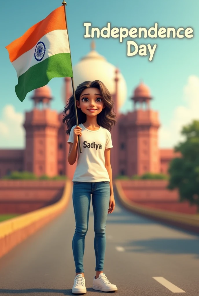 A real girl, Wearing White T shirt blue jeans sneakers and the name "Sonali
" is written on his t-shirt and the boy is standing on the road with holding a national flag of India, and behind him is the Red Fort Delhi. And written on sky "Independence Day" Create Realistic image high qua