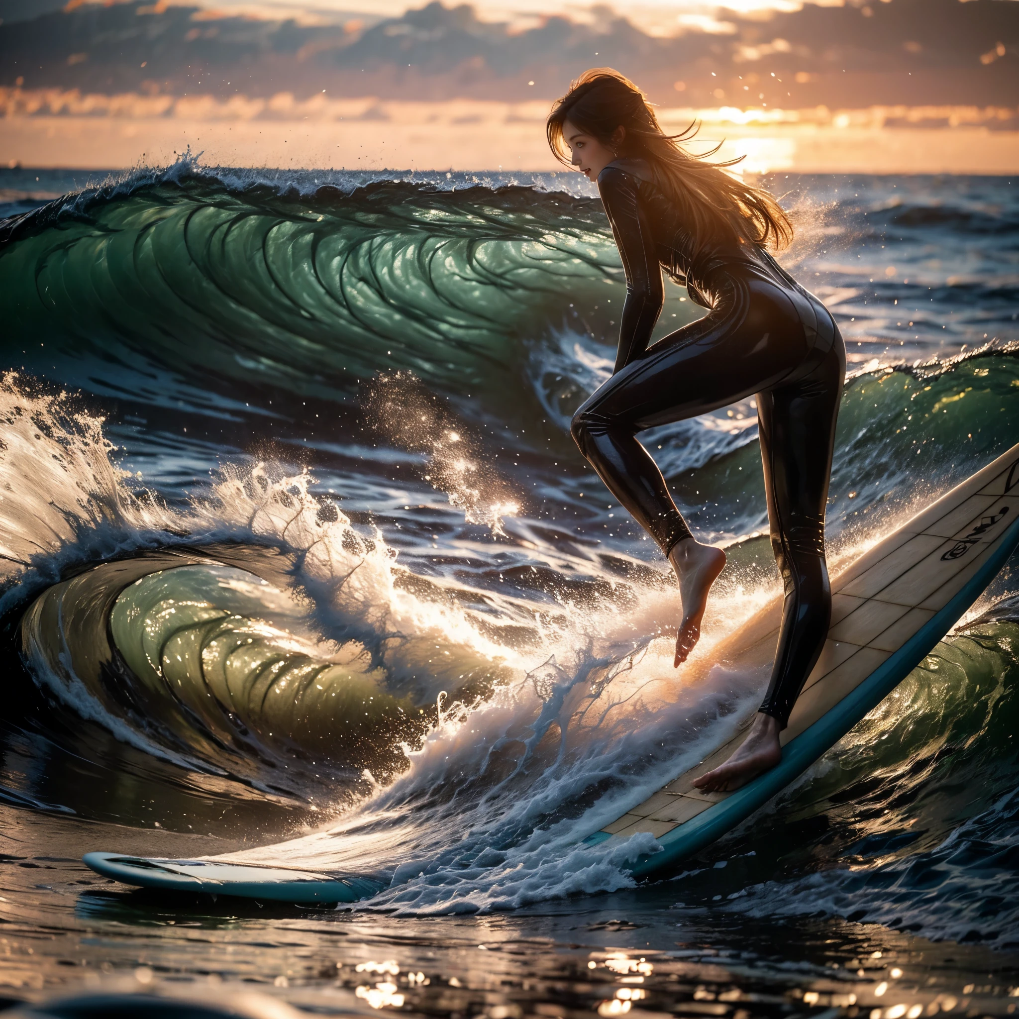(Luminism:1.28), Back view、(TopQuality 8K Masterpiece:1.2) (ProfessionalPHOTO:1.37) Extremely Detailed (A girl standing on a surfboard riding a wave), (Colorful morning Glory Rays)、(Crouching and balancing on a surfboard.:1.28), (There is Detailed Only one surfboard under her feet:1.32) Splashing water Particles Sparkling waves, Glowing Wet Hair、(Super hourglass body type)、Dynamic motion blur, Perfect Hand、(Surfing Photos:1.4) Extreme Sports Photography with action pose