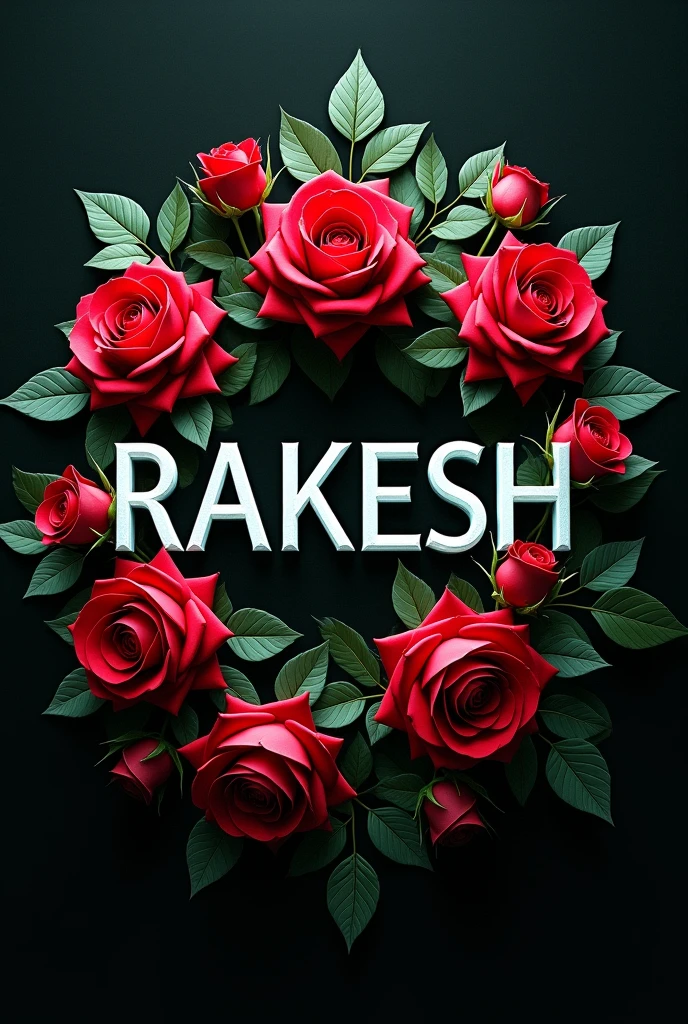 Write Rakesh in capital Weight and ROBOT style on black background and wrap all word's in some red rose and green leaves