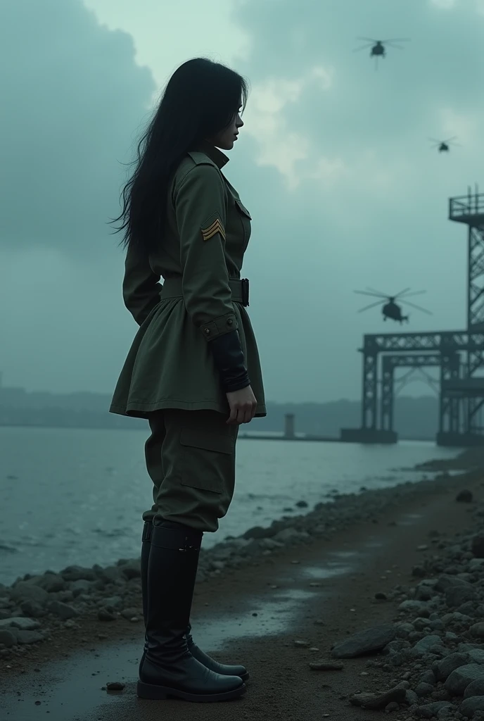 A 30-year-old woman with long black hair wearing military uniform.,Boots, trousers,high-heel boots,full-body shot,side,War Background,seaside,Iron bridge, Helicopters,Dark clouds sky,Science Fiction, dark的心情, full-body shot片,War atmosphere,Excellent detail,full-body shot片,Film Style,Soviet era,dark,Depressing atmosphere,Foggy day