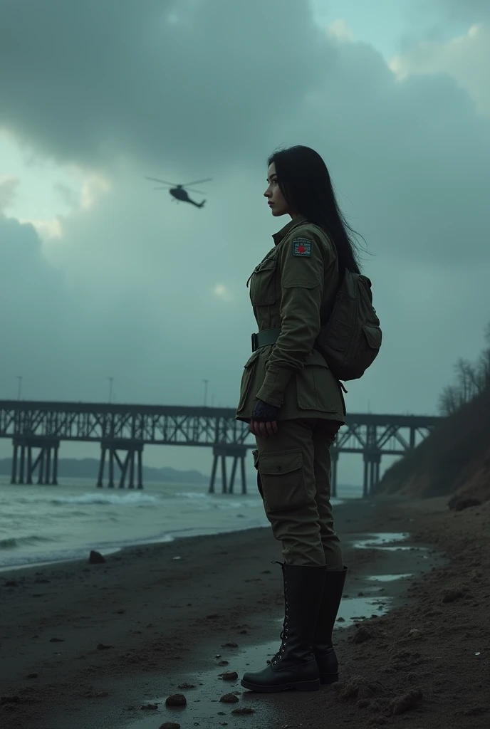 A 30-year-old woman with long black hair wearing military uniform.,Boots， trousers，high-heel boots，full-body shot，side，War Background，seaside，Iron bridge, Helicopters，Dark clouds sky，Science Fiction, dark的心情, full-body shot片，War atmosphere，Excellent detail，full-body shot片，Film Style，Soviet era，dark，Depressing atmosphere，Foggy day