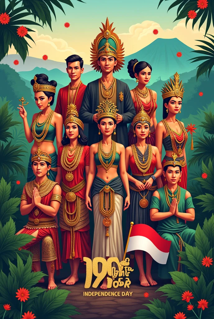 Create a stunning Indonesian independence poster that includes various ethnic groups and the 79th Indonesian independence day greetings.