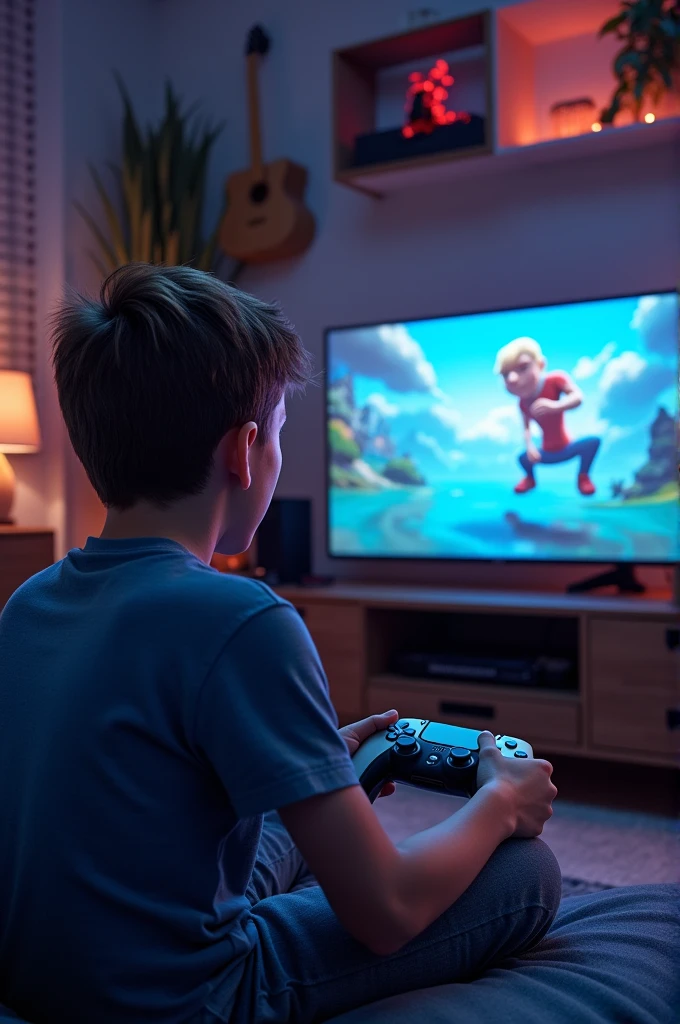 boy playing retro style video games with big tv in front so you can see the TV