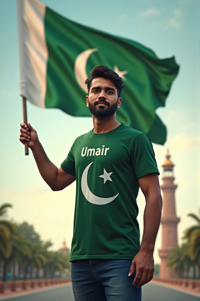 Generate a Realistic 29 years old boy,Wearing a shirt print is like pakistani flag and "Umair" is written on his t-shirt and the boy is standing on the road with hand holding a national flag of Pakistan,and behind him is the Minar E Pakistan.And written on sky "Happy IndependenceDay" Create Realistic image high quality