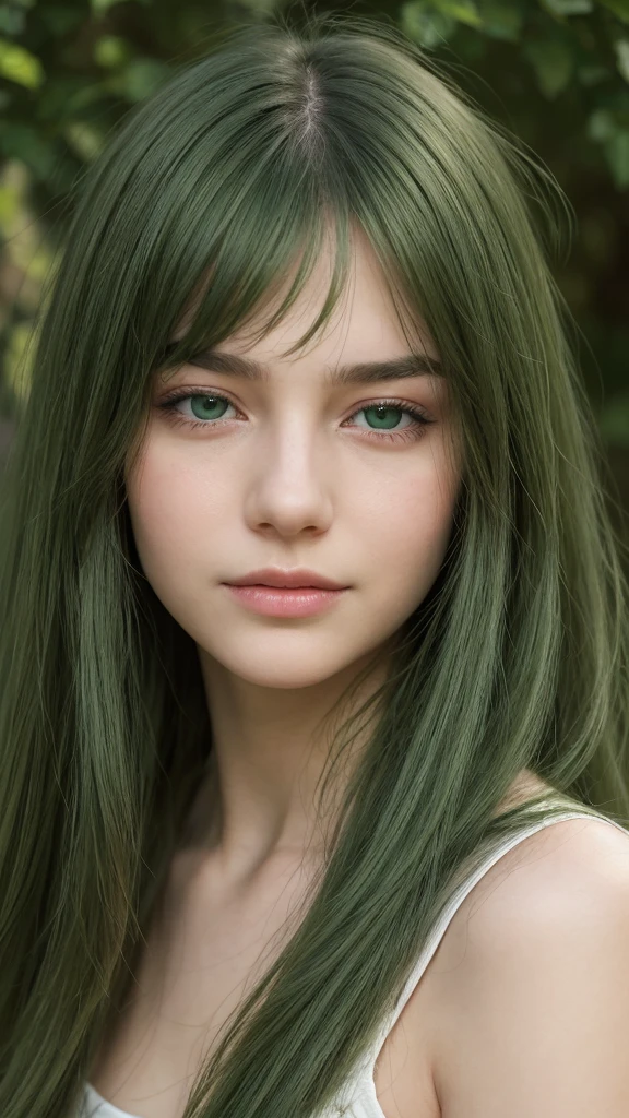 facial portrait. a girl. european. extremely detailed face. oval face. delicate features. deep sadness. half-closed eyes. green eyes. long, straight, very thick hair. green hair. happy expression. frontal. outdoors