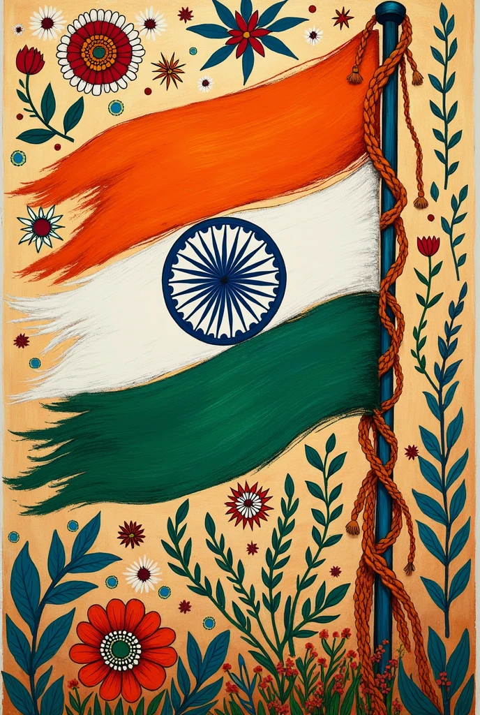 Make me a Ai image of Indian flag with Madhubani art aesthetic 