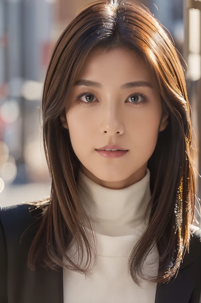 ((top-quality, in 8K, masterpiece:1.3)), Beautiful Japanese woman, perfect body:1.4, Slim abs:1.2, ((Medium Hair, straight haired:1.2)), (turtle neck:1.1), (a street:1.2), wetbody:1.5, Three-dimensional texture, A detailed eye, Brown hair, very thin waist, posterior view