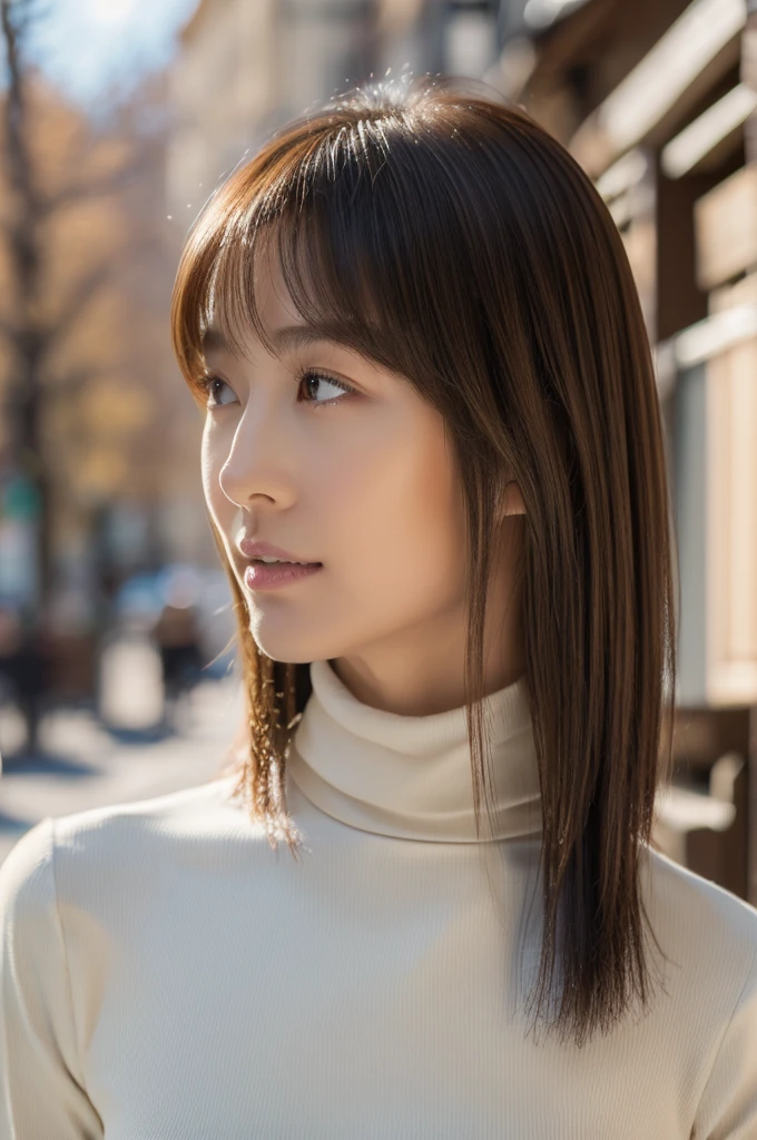 ((top-quality, in 8K, masterpiece:1.3)), Beautiful Japanese woman, perfect body:1.4, Slim abs:1.2, ((Medium Hair, straight haired:1.2)), (turtle neck:1.1), (a street:1.2), wetbody:1.5, Three-dimensional texture, A detailed eye, Brown hair, very thin waist, posterior view