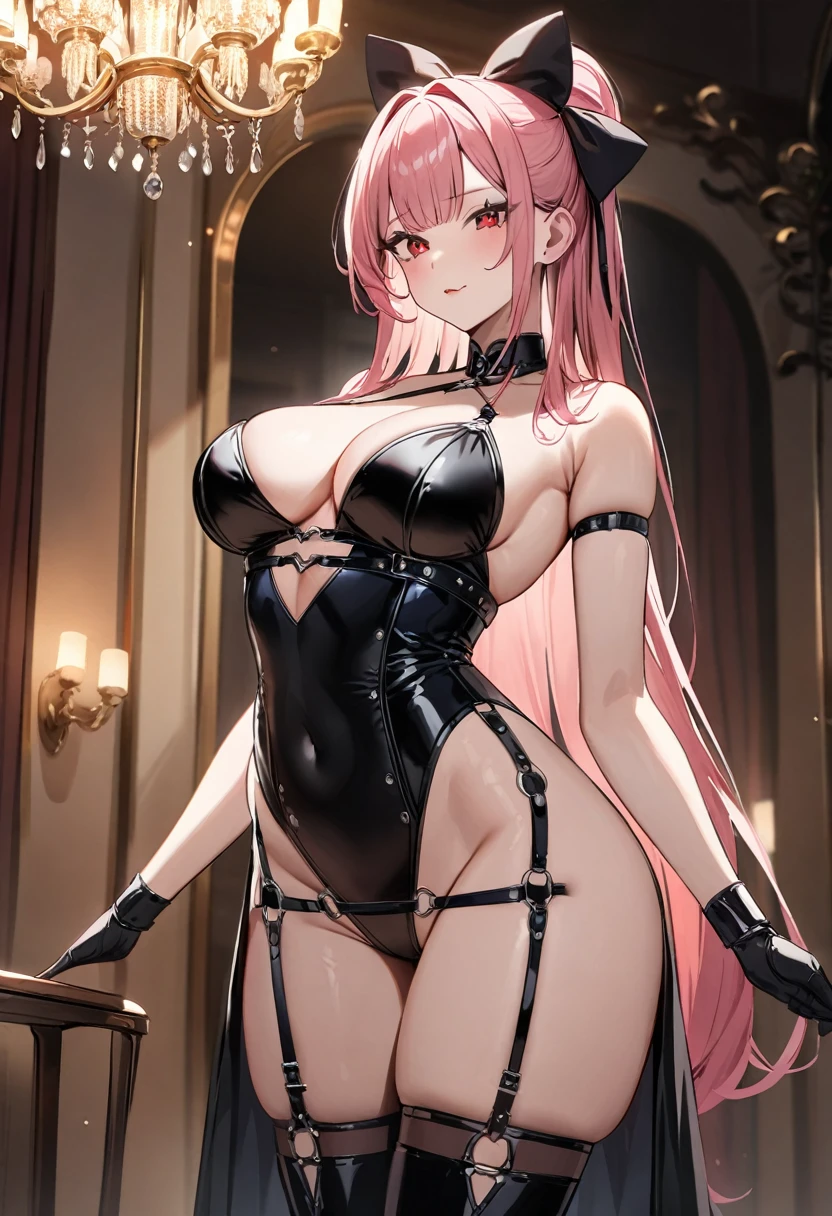 (masterpiece, top quality, very aesthetic, 4k、illustration), intricate detail, 1woman,solo,contrapposto 、Strong glowing eyes、,(upper body)、 sleepy、(bdsm、Erotic),beautiful face、(fluorescence pink gradient hair)、multicolored hair,hair ribbon,middle hair,sidelock ,red eyes、SM Queen、dominatrix、medium breasts、curvy 、