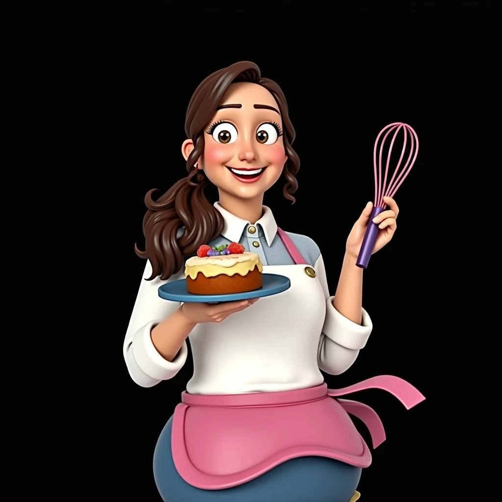 Cartoon character of a woman in a pink apron, happy, in his left hand he is holding a whisk and in his right hand he is holding a cake, an animated character, stylized character, animation style rendering, 3d stylized, Arnold Maya rendering, Stylized 3D rendering, toon render screenshot, 3d character, 3d character, Stylized 3D rendering, 3D character rendering, cartoon character, Personagem de close up, character posing, (Pixar-style) (master part:1.2) (bokeh) (best qualityer) (skin detailed) (detailed texture) (8k) (Argilla) (cinematic lighting) (sharp focus,Sit down and lift your upper body