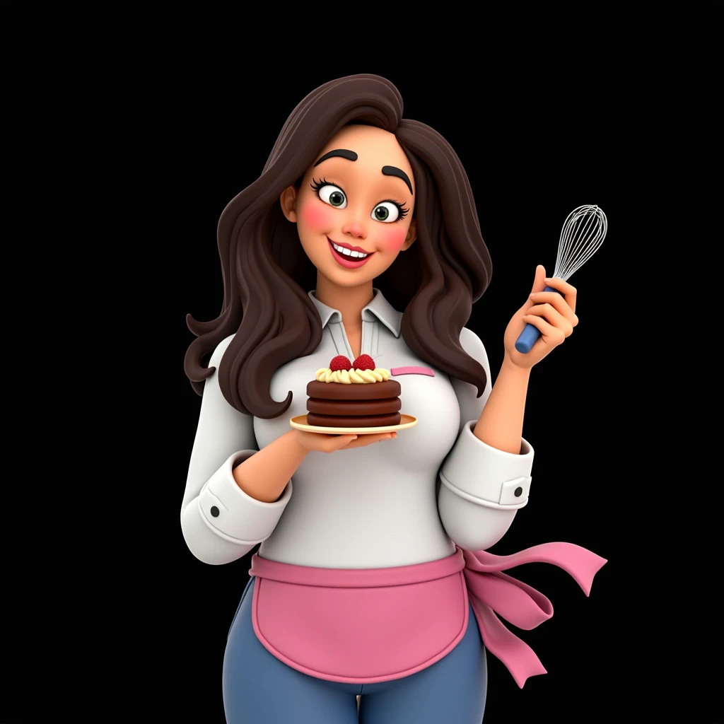 Cartoon character of a woman in a pink apron, happy, in his left hand he is holding a whisk and in his right hand he is holding a cake, an animated character, stylized character, animation style rendering, 3d stylized, Arnold Maya rendering, Stylized 3D rendering, toon render screenshot, 3d character, 3d character, Stylized 3D rendering, 3D character rendering, cartoon character, Personagem de close up, character posing, (Pixar-style) (master part:1.2) (bokeh) (best qualityer) (skin detailed) (detailed texture) (8k) (Argilla) (cinematic lighting) (sharp focus，Sit down and lift your upper body