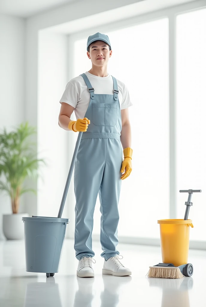Cleaning staff, refreshing, young man, white background