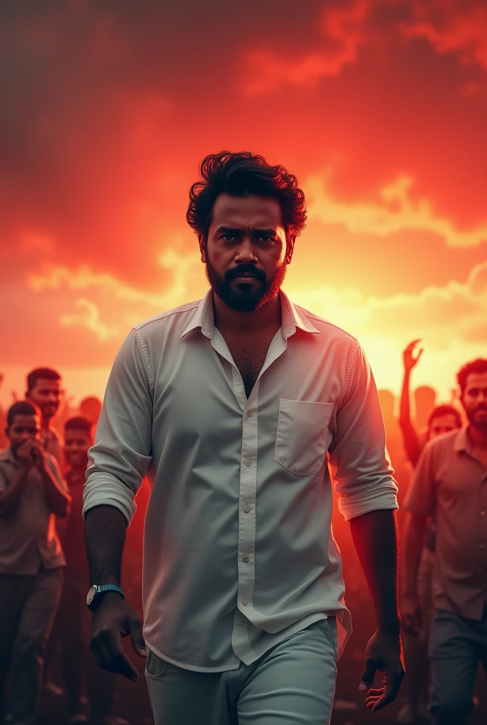 A person with dark hair and beard giving free ambulances to tamilnadu people's wearing white shirt background dramatic sky red shade standing in field of people poster design