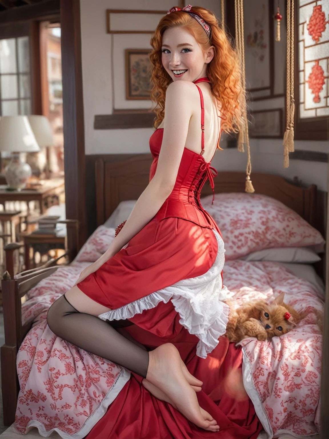 Fr3ckles, ginger hair, grey eyes, freckles, tongue out, long tongue, ahegao, full body, long legs, squatting, 1girl, dr3ss, Masterpiece, best quality female, girl pulling her dress down, (french girl wearing red dress with chinese patterns on it), european girl, (small breast), (very long curly ginger volumetric hair:1.33), (red crinoline inside with red corset outside:1.33), (long red dress:1.33), prolapse, anal prolapse, flat headband, (detailed beautiful hazel eyes:1.33), russian girl, white girl, british girl, detailed blush smiling face, slim body, perfect anatomy, very cute, ginger hair, dynamic pose, showing some leg, perfect shading, dramatic lighting, rendered in 8K resolution for high-quality detail, trending on art station, concept art, smooth, sharp focus,soft sunlight,chastity, chastity bra, chastity Belt, Princess, collar, metal collar,, highly detailed, soft natural volumetric, cinematic perfect light, intricate details, prolapse, anal prolapse, red chinese dress, prolapse, chinese dress patterns on corset