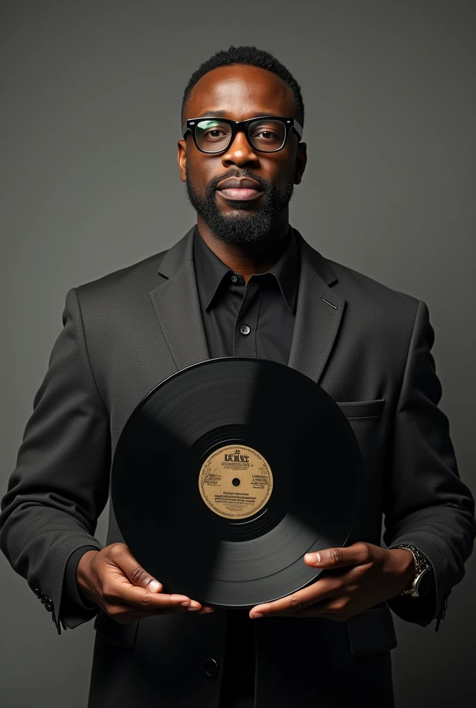 Black man wearing glasses holding a vinyl record