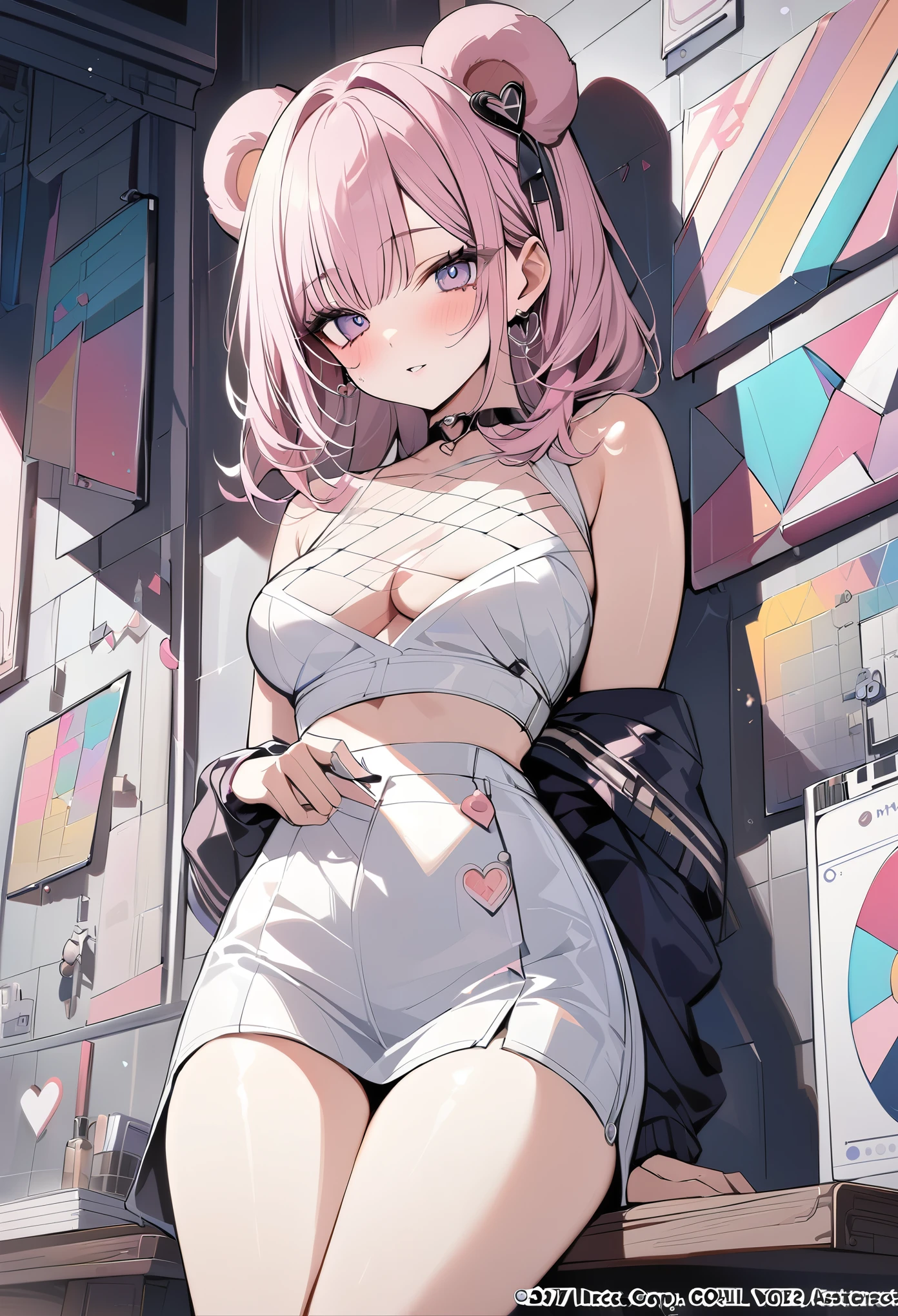 ,beautiful flower々),Mole under the eye, Heart-shaped choker, (masterpiece, Highest quality), Official Art, beautifully、aesthetic: 1.2), (1 girl), Very detailed, (Geometry Art: 1.3), colorful、Pink Bob Hair、Bear ears、 whole body
