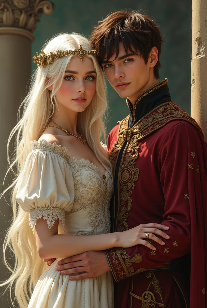 Create 2 teens at 15. They were arranged to get married at 19.
Princess Dandeliana Danubye of Danubar was ethereal, her white wait cascaded down to her ankles, and her golden eyes glistened in the sun.
Prince Usten Veroli of Fikns was much taller than the princess. He had soft blue eyes, dark brown hair, and loved to hunt.